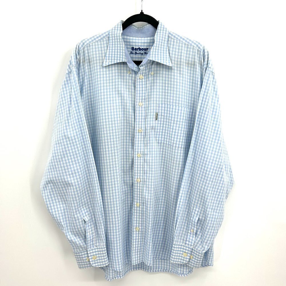BARBOUR The Sporting Shirt Light Blue White Gingham Button Up Dress Shirt 3XL